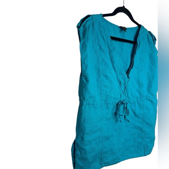 Talbots Pure Irish Linen Popover Top Drawstring Waist in Turquoise Blue Size 14 - Picture 2 of 11
